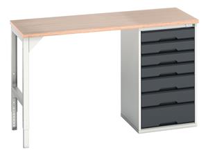 verso pedestal bench with 7 drawer 525W cab & mpx worktop. WxDxH: 1500x600x930mm. RAL 7035/5010 or selected Verso Pedastal Benches with Drawer / Cupboard Unit